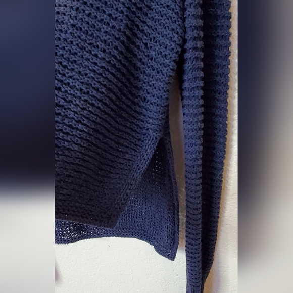 BCBG MaxAzria Navy High Low Turtleneck Open Woven Knit Sweater Fly Away Sides - Picture 4 of 6